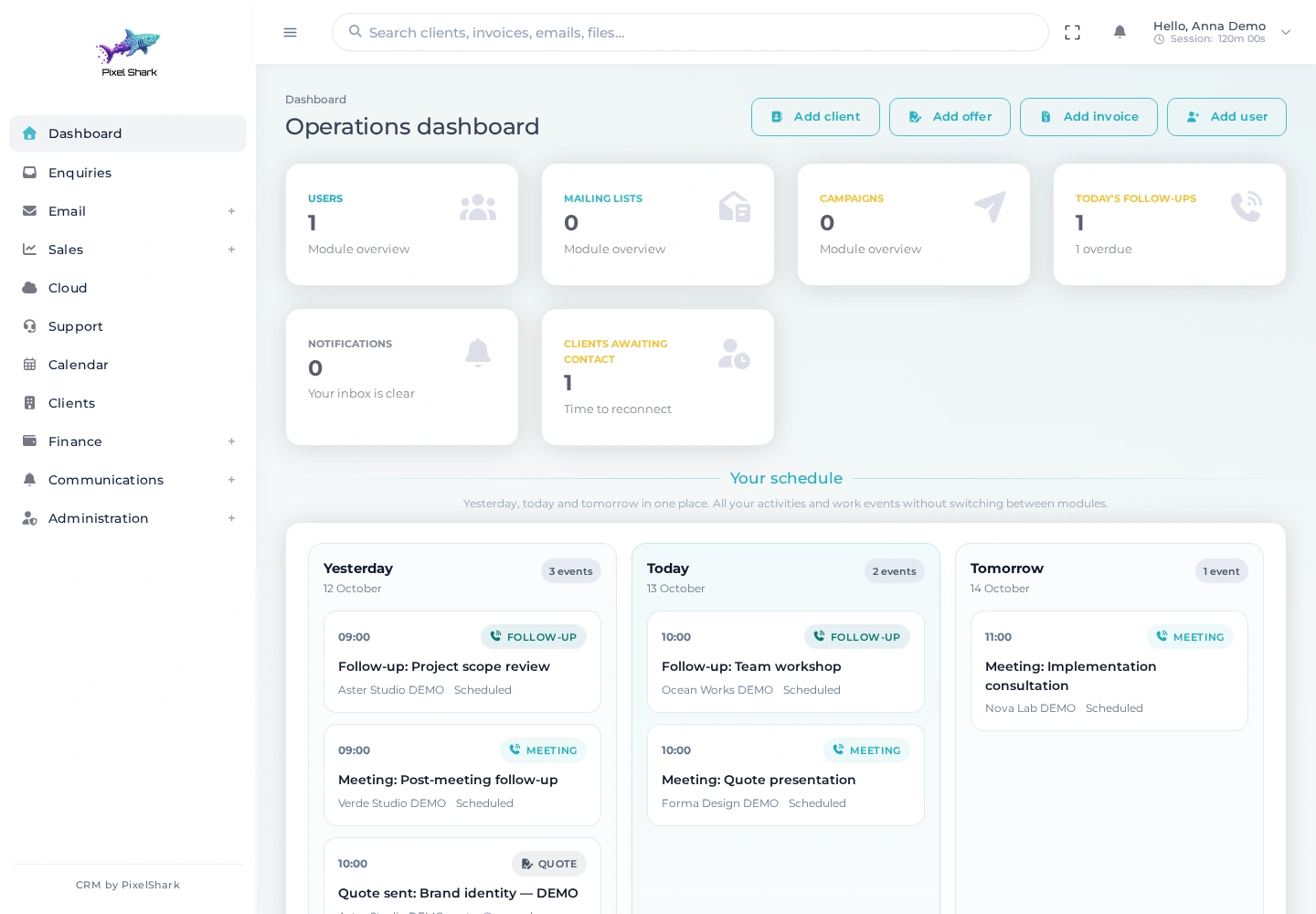 PXS CRM dashboard with calendar and tasks — demo data